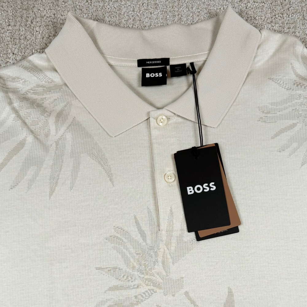 NEW Hugo Boss Mens 2XL Ivory Parris Floral Mercerised Cotton Polo Shirt